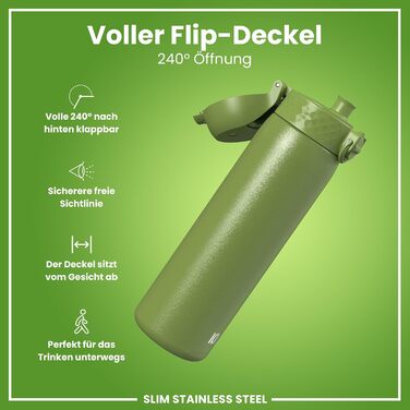 Фляга для води ION8 Leicht 600 мл, неізольована, з клапаном, не протікає, з ручкою, сталь, хакі