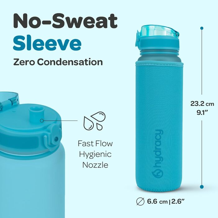 Пляшка для води Hydracy з фруктовим інфузером, 500 мл, BPA-free, із часовими мітками, герметична спортивна пляшка без конденсату, швидке пиття, для спорту та активного відпочинку, аква-синя
