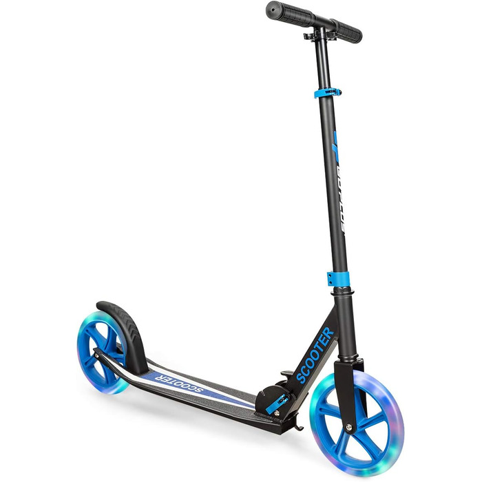 Дитячий трюковий самокат GOPLUS Roller Kinder 10 років, 3-ступенева регулювання висоти, алюмінієвий, складної конструкції, з LED-колесами, гальмом на задньому колесі, ременем та підставкою, до 100 кг (Блакитний)