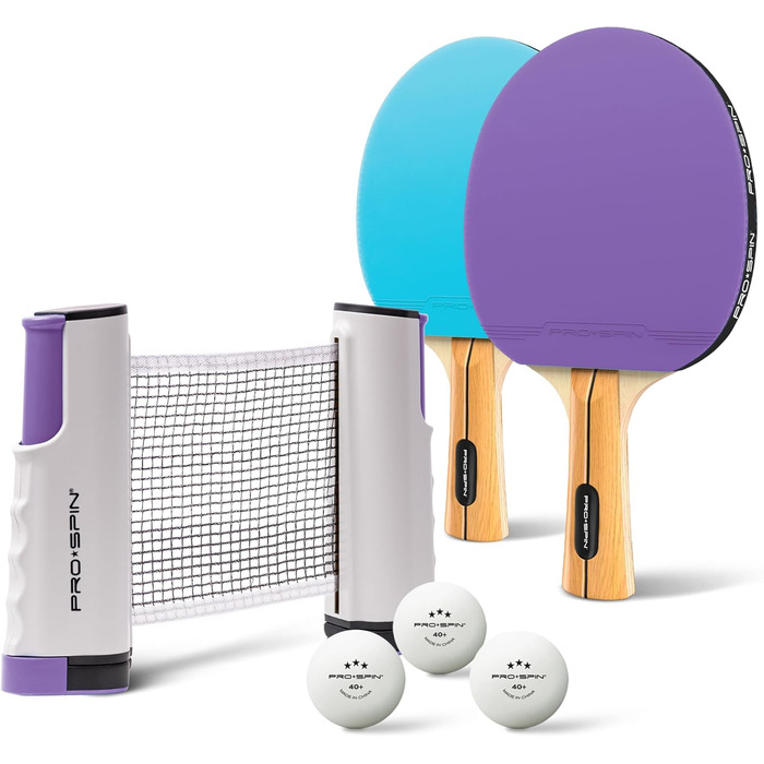 Набір для настільного тенісу PRO-SPIN - з сіткою, м'ячами, сумкою | Для гри 2 гравців | Преміум якість | Фіолетовий/Блакитний