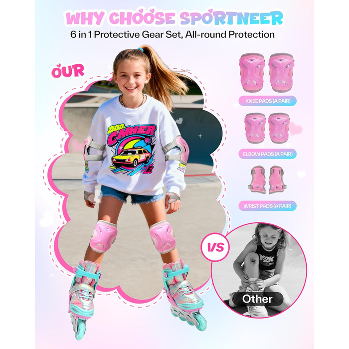 Дитячі ролики Sportneer з регульованим розміром 30-41, комплект з 6 захисними елементами, LED ролики для дівчаток та жінок, рожевий колір, розмір L (EU 38-41)
