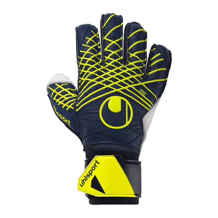 Воротарські рукавички uhlsport Prediction Soft Flex Frame - дитячі та дорослі, з захистом пальців, синьо-білі з жовтим