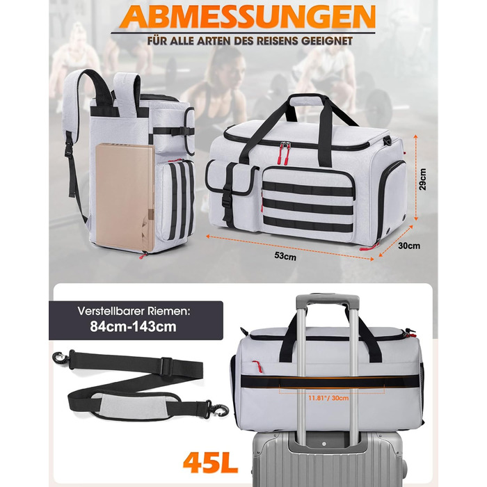 Спортивна сумка RAINSMORE 3 в 1 для чоловіків 45L: рюкзак, сумка-переноска, з відділенням для взуття, ноутбука та мокрого одягу (сіра)