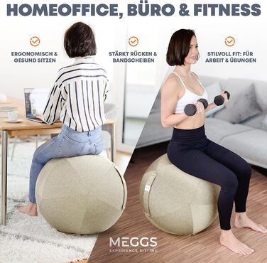 Стілець-м'яч MEGGS® 65 см: ергономічний, для офісу та дому, з антиковзким покриттям, для вагітних, знімний чохол, перламутрово-бежевий