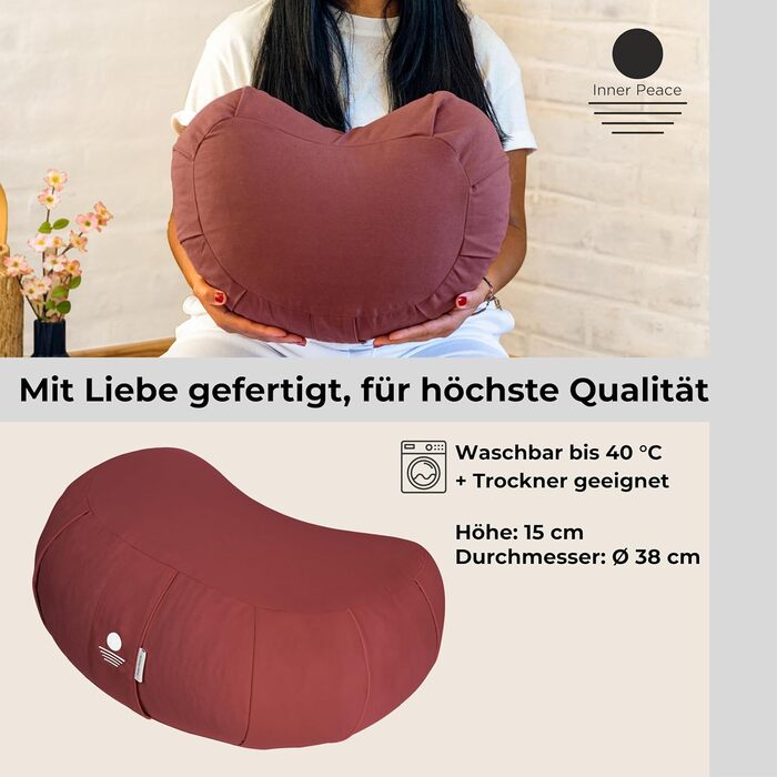 Зафу для медитації Inner Peace | Йога подушка з екологічної дінкової наповнювачем | Подушка для медитації напівмісяця | Зроблено в Німеччині | Зручний знімний чохол з 100% органічної бавовни (лісова полуниця)