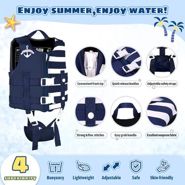 Дитяча жилетка для плавання, Floaties для малюків, плавальний костюм з регульованою застібкою, унісекс, темно-синій, S (2-3 роки)