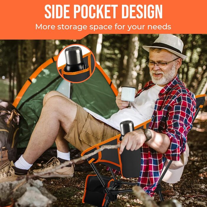 Складний туристичний стілець JONRRYIN з двома кишенями та регулюванням висоти для відпочинку на природі, пікніків та пляжу (чорний/помаранчевий)