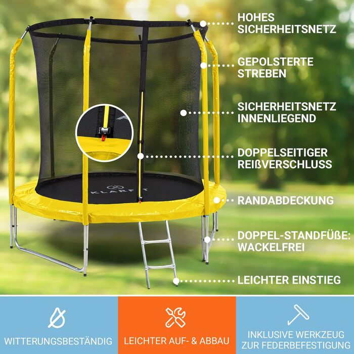 Трамплін Klarfit Jumpstarter для дітей, 250 см, жовтий: безпечний, з лебідкою та сіткою, для саду, фітнес, 5-9 років