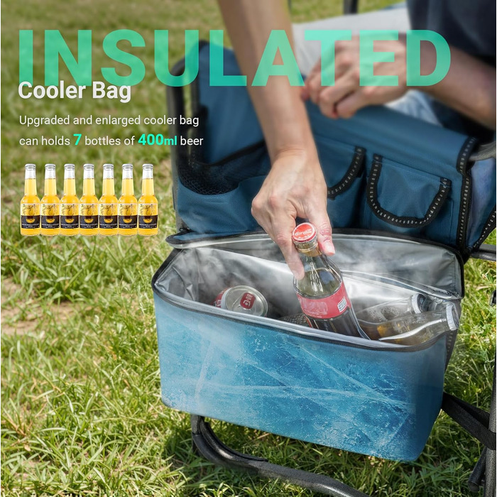 Крісло для кемпінгу OVERMONT: складне, регульоване, з бічним столиком та сумкою-холодильником. До 180 кг, блудно-сірий колір