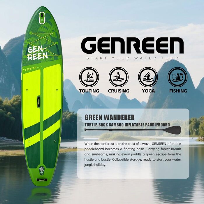 Надувне SUP-борд GENREEN (Extra Groß) для всіх рівнів підготовки, 335x86 см, для дорослих, з аксесуарами, з тримачем для камери, 3 фіни, вантажопідйомність до 200 кг (Monstera green)
