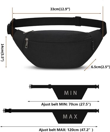 Сумка на пояс Bauchtasche унісекс: спортивна, для телефону, грошей, фітнесу, велосипеда, кемпінгу - чорна 33x6.5x14 см