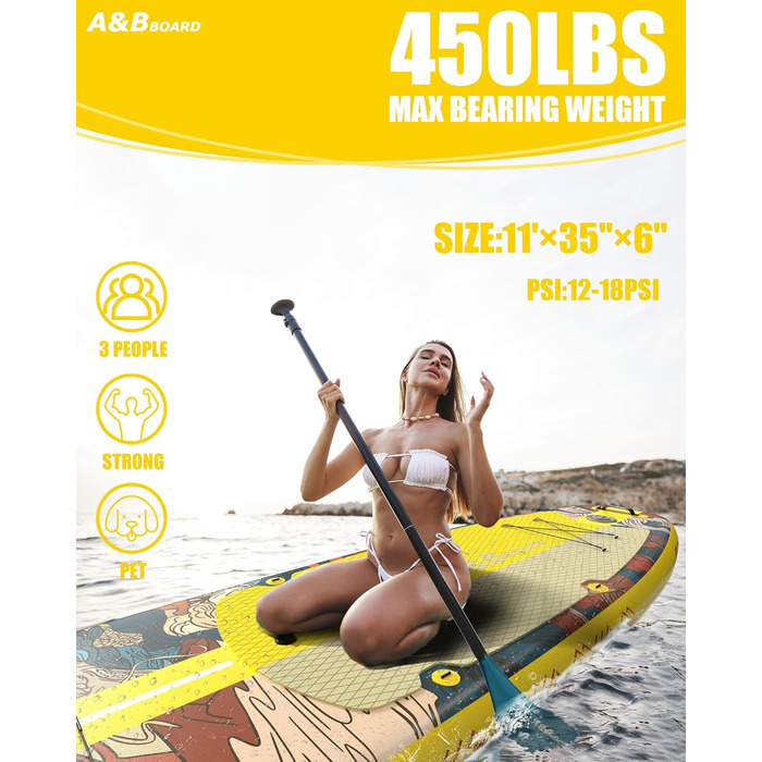 Надувний SUP-борд A&BBOARD з аксесуарами: насос, рюкзак, стабільний дизайн. Підходить для молоді та дорослих (жовтий + дракон)