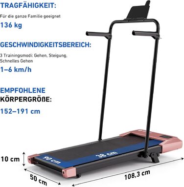 Бігова доріжка DeerRun Walking Pad з нахилом 6% для дому та офісу, компактне підстільне Laufband з LED-дисплеєм, пультам та підтримкою додатка, до 136 кг, світло-рожева