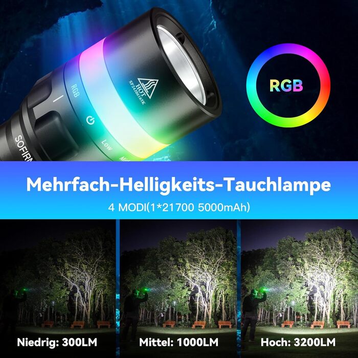 Sofirn SD08 водонепроникний ліхтар-фара LED, 3200 люмен, з LED-індикатором, 4 режими, IPX8, для дайвінгу, фотозйомки та повсякденного використання