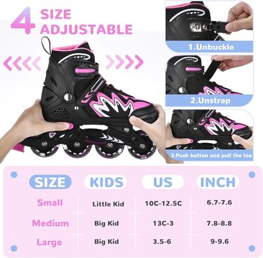Роликові ковзани TOMSHOO з регульованим розміром, LED-колесами, для дітей та дорослих (рожеві, L (37-39 EU))