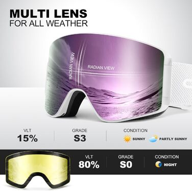 Одаленд Скі-маска для жінок та чоловіків, дітей. Снігові окуляри з антитуманним покриттям, захистом від УФ-випромінювання та магнітними змінними лінзами. Сумісні зі шоломом. Для сноуборду та катання на лижах. Чорний колір. VLT 8.8% (фіолетовий — VLT 15%)