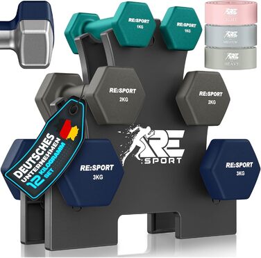 Набір гантелей RE:SPORT® 3 пари (1-5 кг, 12 кг або 18 кг) зі стійкою + 3 фітнес-гумки | Нековзкі гантелі з неопрену для жінок та чоловіків | Набір гантелей 12 кг, блакитний/сірий/темно-синій