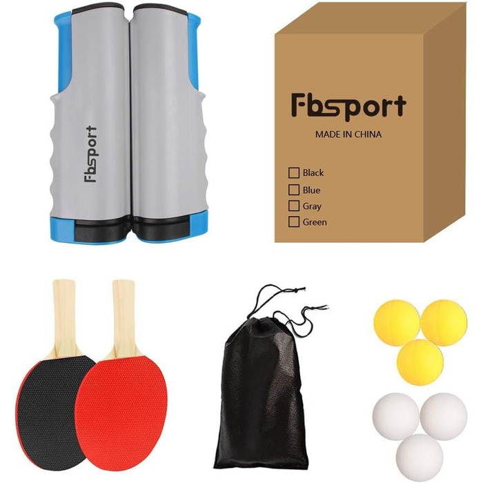 Набір для пінг-понгу FBSPORT: 2 ракетки, 6 м'ячів, сітка, сумка. Підходить для початківців та досвідчених гравців. Сірий колір