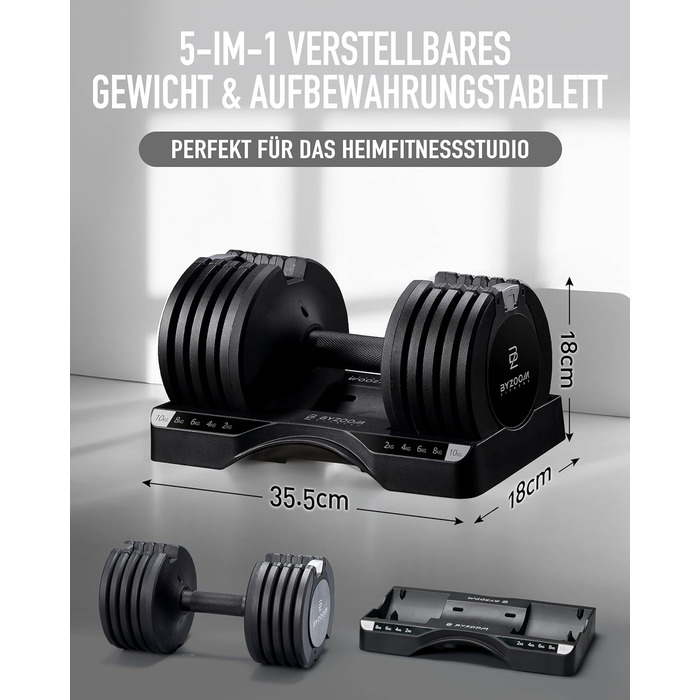 Регульована гантеля BYZOOM FITNESS 10 кг, 5-в-1, для дому та силових тренувань