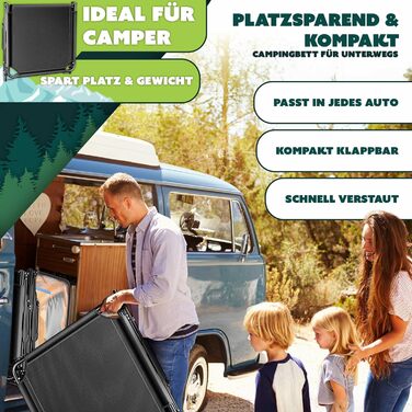 Кемпінгове ліжко KESSER® розкладне, 190x68x30 см, до 250 кг, з Oxford-тканини та сталевим каркасом + сумка, подушка, кишеня та тримач для напоїв, чорний/помаранчевий