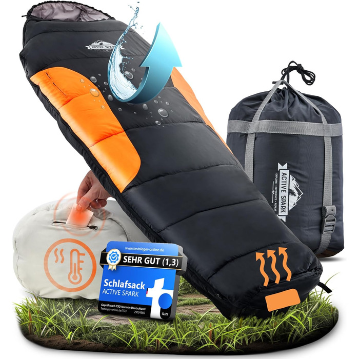Спальний мішок ACTIVE SPARK 3 сезони - зимовий, літній, водонепроникний, дихаючий, з кишенею для грілки, для кемпінгу, чорний/оранжевий
