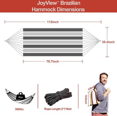 Гамак JoyView бразильський одинарний з мотузками та сумкою, 200x100 см, до 136 кг, смугастий сірий - для тераси, дому