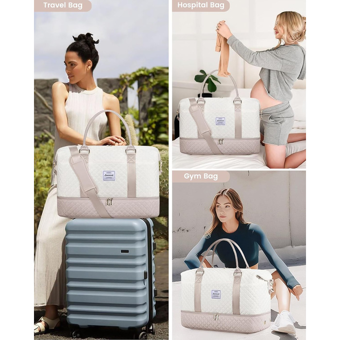 Спортивна сумка LOVEVOOK для жінок з відділенням для взуття, ручна поклажа, сумка для подорожей, вікенд, дуфл, сумка для подорожей, ручна поклажа, клінічна сумка, набір для пологів, для спортзалу, пляжу, сауни, кемпінгу, XL, 2 шт., Бежевий, Ніжний рожевий