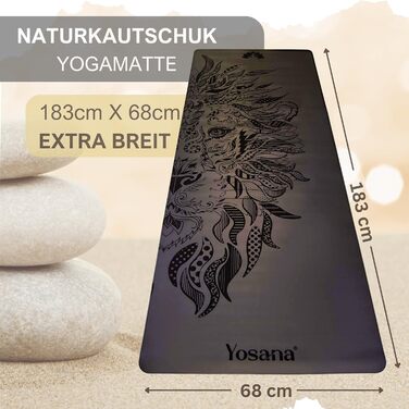 Йога мат Yosana з натурального каучуку | надзвичайно неслизька | поверхня ULTRA GRIP з ECO PU | extra широка 68 см | з ремінком для перенесення | мат для йоги 183x68 см | 4 мм товщина, чорний, Лев