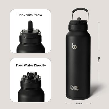 Термос пляшка BOTTLE BOTTLE ізольована з трубочкою, спортивна сталева пляшка з кришкою-ручкою, для пігулок, 1,2 л, чорна