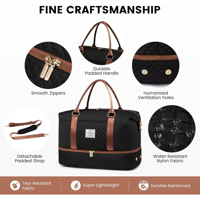 Спортивна сумка LOVEVOOK для жінок, велика з відділенням для взуття та мокрих речей, дорожня сумка-мішок, комплект з косметичкою, водонепроникна, ручна поклажа для літака, спортзал (M-2шт, чорно-коричнева)