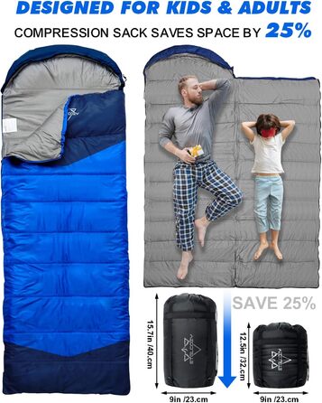 Спальні мішки для дорослих та дітей – для холодної та теплої погоди. Водонепроникний, легкий спальний мішок для кемпінгу, походів та трекінгу (з компресійним мішком). Підходить для 3-4 сезонів, 10-20°C, 1.5KG – Чорний (10-20°C, 1.5KG-Блакитний)