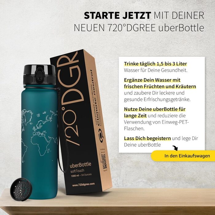 Бутилка для води 720°DGREE uberBottle 1 л з ситечком, зелена, Tritan, BPA-free, герметична, для спорту, фітнесу, університету, велоспорту, outdoor, багаторазова, Softtouch