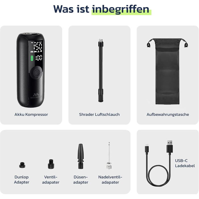 Електричний насос для велосипеда Woowind LP1: швидке накачування, 150 PSI, LCD-дисплей, LED-ліхтар