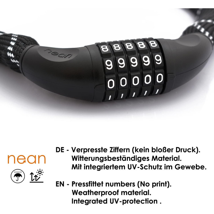 Замок для велосипеда Nean з кодовим замком, висока безпека, міцна тканинна обгортка, 6 x 6 x 900 мм, чорний