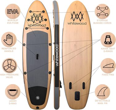 Надувна SUP-дошка Whitewood 305-335 см, преміум-дизайн під дерево, вантажопідйомність 180 кг, для 2-3 осіб, з аксесуарами: рюкзак, весло, насос, страховочний ремінь, водонепроникна сумка