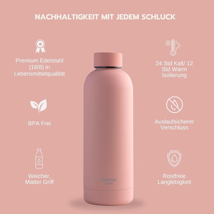 Термос-пляшка з нержавіючої сталі Thermo Flow 500 мл Blush Pink – ізольована, герметична, без BPA, для газованої води, дітей, школи та активного відпочинку