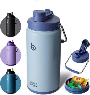 Термос BOTTLE BOTTLE 1.8 л із соломинкою, пігулочницею, ручкою та кришкою, нержавіюча сталь, спортивна пляшка для води (синя)
