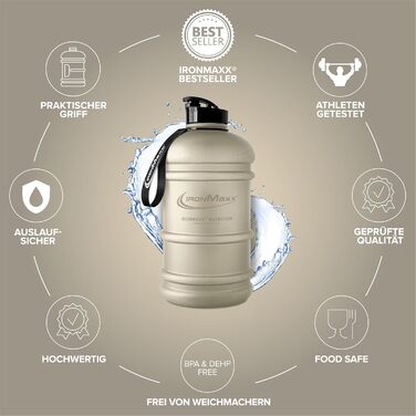 Вода IronMaxx Gallon - 2200 мл | Без BPA та DEHP | Спортивна пляшка з мірною шкалою, витокозахисна | Різні кольори (Матовий пісочний бежевий)