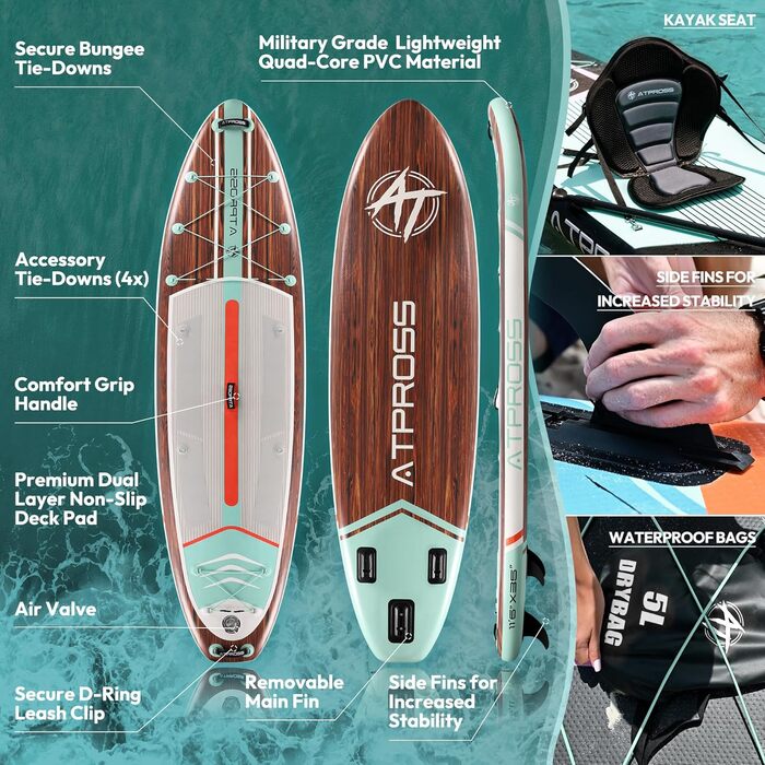 Надувний SUP-борд ATPROSS 350x89x15см, 200кг, для дорослих, зі аксесуарами, рюкзаком, для йоги, риболовлі, серфінгу, стабільний, неслизький, Kayak, Boat, Holzmaserung