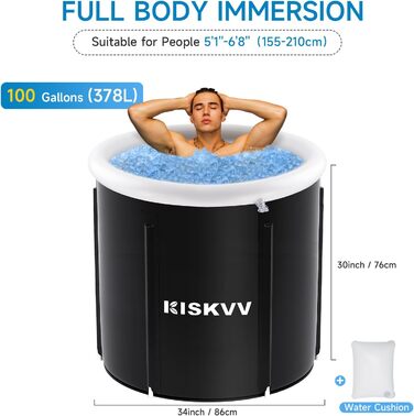 Льодяна ванна для спортсменів з кришкою KISKVV, Ø85x75 см, 378 л, складна переносна ванна для криотерапії, надувна бочка для льодової бані для дому та вулиці