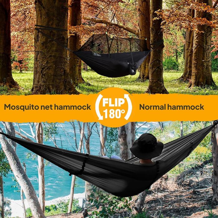 Гамак-москітна сітка NATUREFUN для кемпінгу, 300 кг, дихаючий, швидковисихаючий нейлон, 2 карабіни, 4 шнури, темно-зелений (300x200 см)