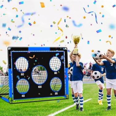 Дитячі ворота для футболу 2-в-1, 150 x 120 см, переносні та стабільні, з 5 цілями, 4 земляні кілочки та сумка, для саду, парку, пляжу (блакитні)