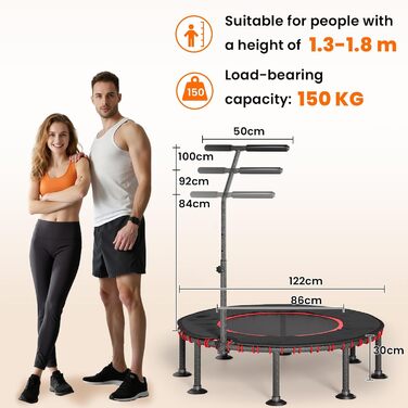 Трамплін для фітнесу LIFERUN Indoor з бортиком | До 150 кг | 3 регульовані ручки | Без монтажу | 102/122 см | Для дітей та дорослих | Гнучкі пружини | Для дому