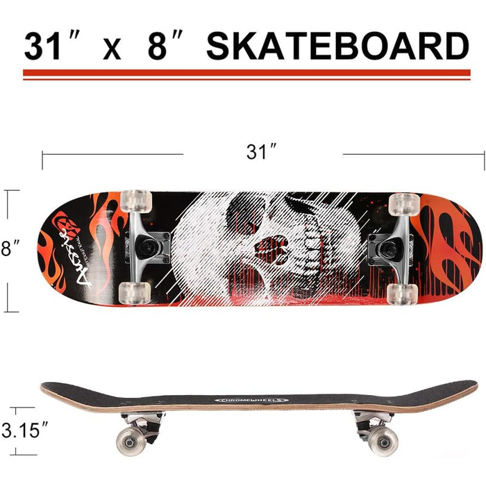 Скейтборд ChromeWheels 31 дюйм Double Kick Cruiser Longboard для дітей та початківців, 8 шарів клена, білий
