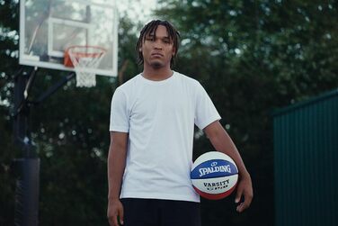 Баскетбольний м'яч Spalding TF-150 Varsity: міцний гумовий матеріал, офіційний розмір, для всіх поверхонь, з рельєфним покриттям Shooter's Seam (червоний, білий, синій)