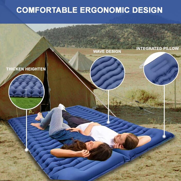 Саморозкладальний килимок для кемпінгу YuanDiann 200x140 см на 2 особи, ультралегкий, з помпою та подушкою, блакитний