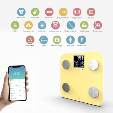 WottoCare – професійна ваги-аналізатор жирової маси тіла з додатком, 18 вимірювань, цифровий дисплей, для декількох користувачів, контроль прогресу, жовта