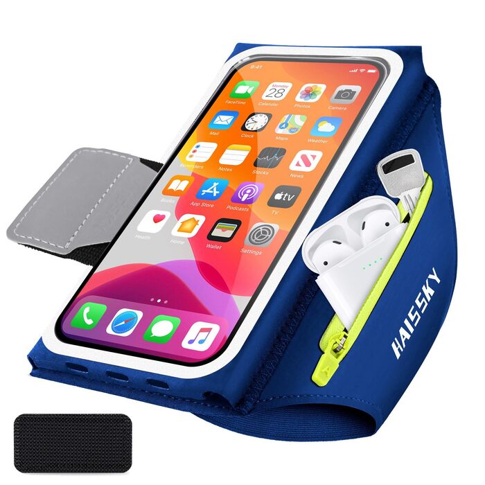 Спортивна сумка для телефону на руку Razobws з відділенням для навушників, підходить для iPhone 17 16 15 14 13 12 11 Pro Max, Galaxy S24 S23 Ultra, чорний/морський блакитний (до 6.8 дюймів)