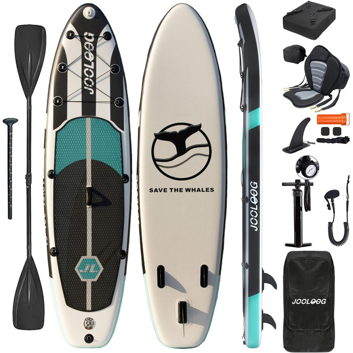 Надувний SUP-борд JOOLOOG Stand Up Paddle Board з сидінням для каяка, 320 x 81 x 15 см, чорно-зелений