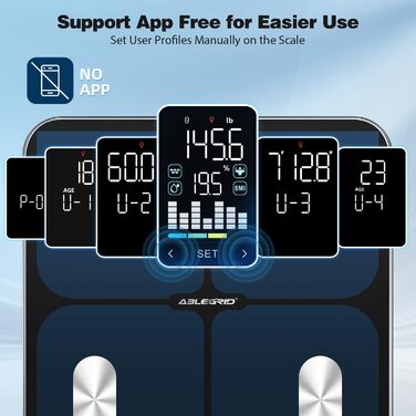 Інтелектуальна вага ABLEGRID для вимірювання ваги тіла, цифрова вага для визначення жиру з LED-дисплеєм, показником тренду, BMI, маси м'язів, типу тіла, точна вага з режимом без APP, 180 кг, чорна
